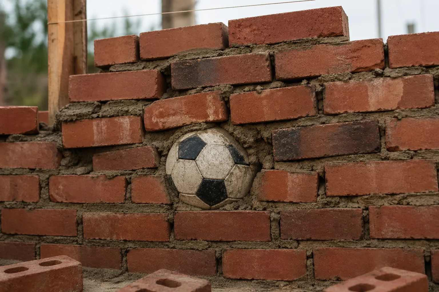 Voetbal in een muur gemetseld